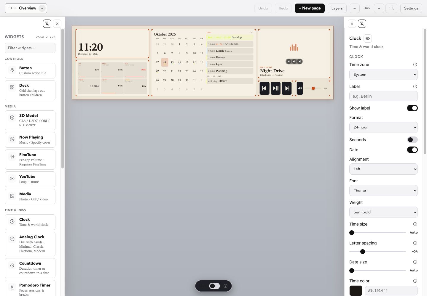 Echter Designer mit Widgetauswahl und Eigenschaften des Uhr-Widgets