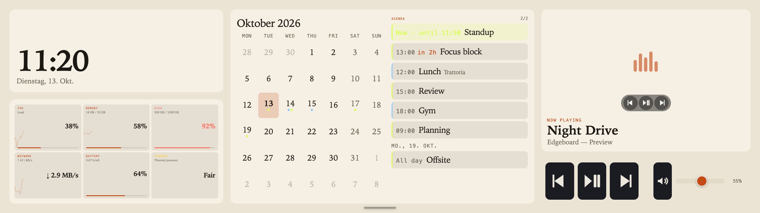 Demo dashboard with clock, metrics, calendar and player