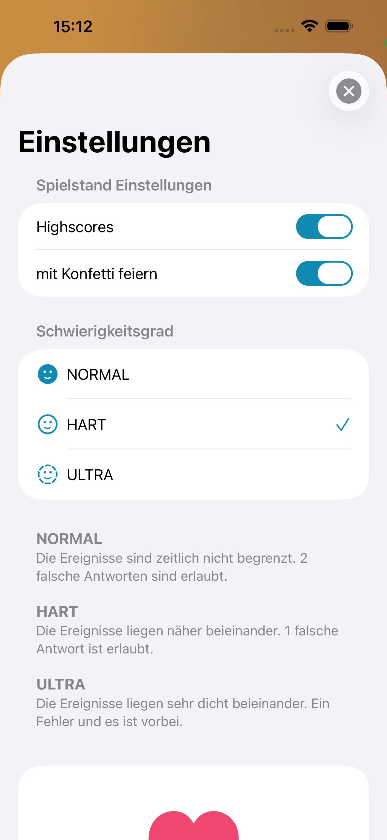 WhatsFirst Einstellungen und Schwierigkeitsgrade auf dem iPhone