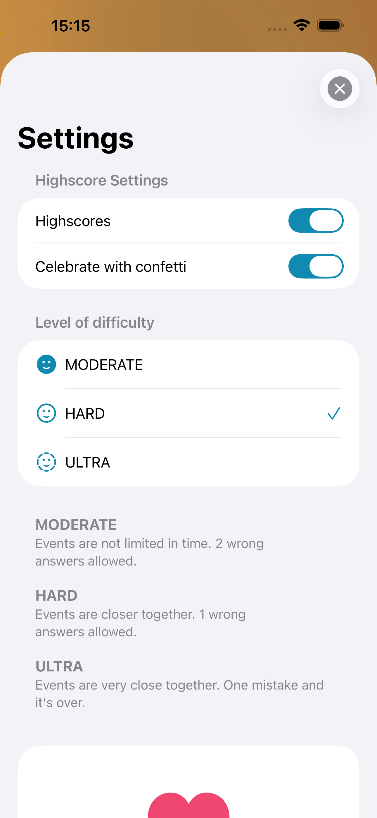 WhatsFirst settings and difficulty levels on iPhone